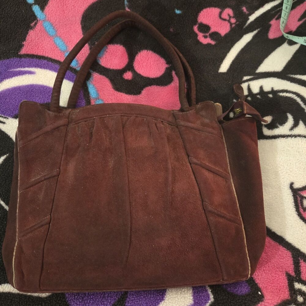 Vintage 80s Burgundy Suede Pleated Slouchy Tote Bag Zip Top Y2K Boho